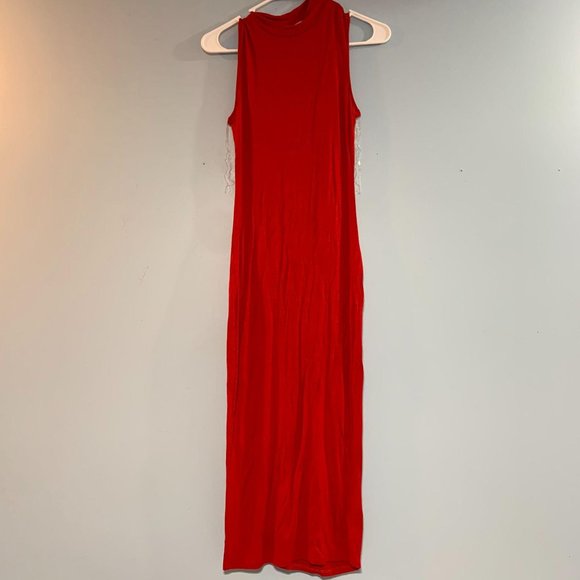 red sleeveless maxi dress